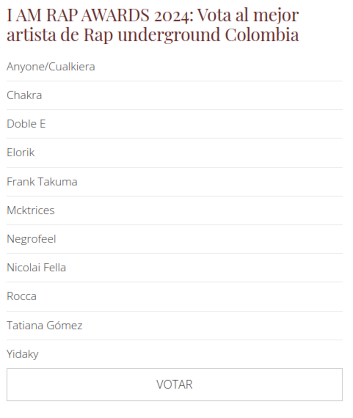 Vota mejor artista de rap underground colombiano